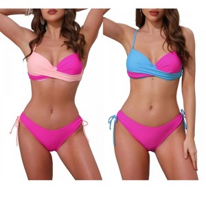 INSPIRE CHIC Women's Front Cross Contrast Color Top Triangle Bottoms Swimwear Bathing Bikini Suits 2 Sets - 1 of 4