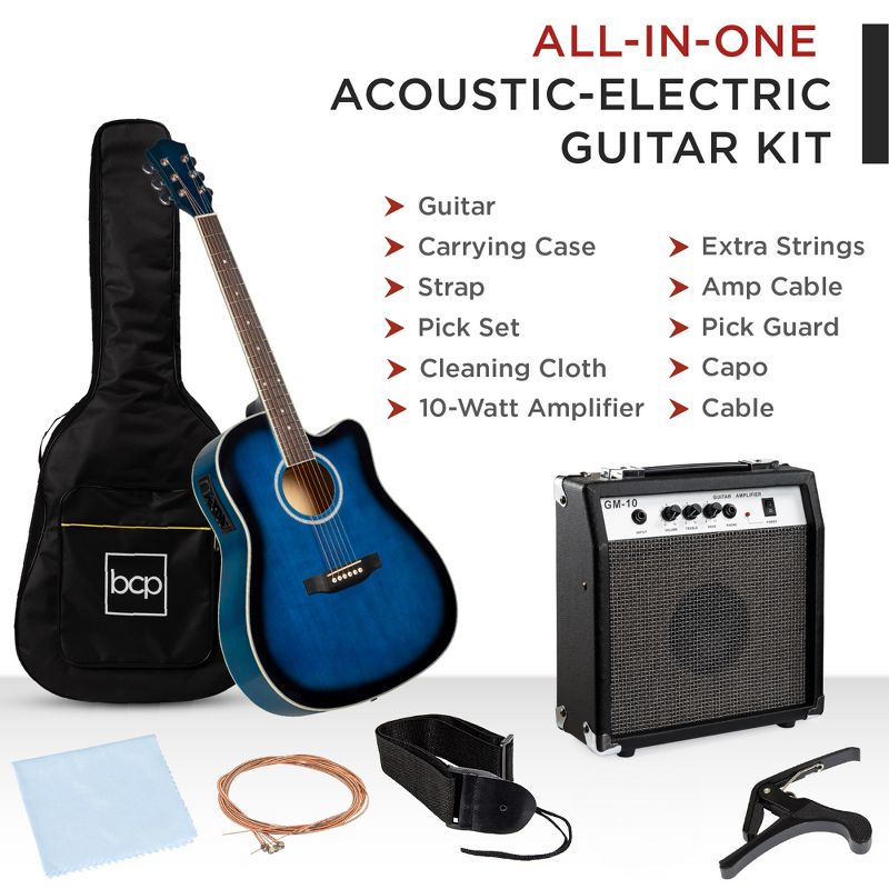 Best Choice Products Beginner Acoustic Electric Guitar Starter Set 41in w/ All Wood Cutaway Design, Case, 2 of 8