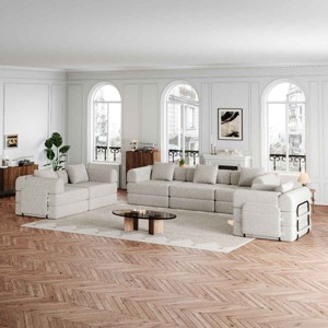 6-Seater Convertible Sofa Bed with Space-Saving Design, Modular Folding Floor Sofa with Side Storage Pockets, Chenille Fabric Sofa-Coolbibila - 1 of 4