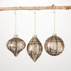 Neutral Plaid Ornament Multicolor 4.5"H Glass Set of 3 - 1 of 3