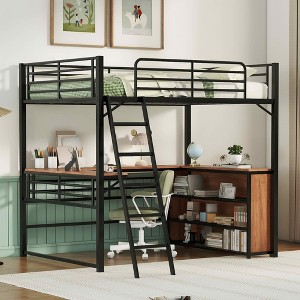 MAYEERTY Full Size Metal Loft Bed, 3-Layer Shelves L-Shaped Desk, Bedroom, Black - 1 of 4