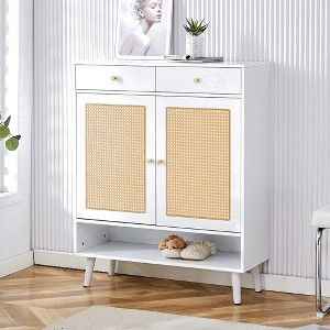 Storage rattan shoe cabinet with 2 drawers and bottom shelf, suitable for entryways, bedrooms, and living rooms. - 1 of 4