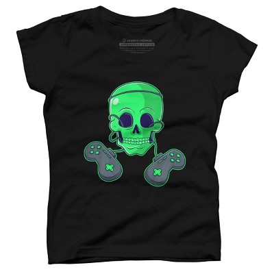 Girl's Design By Humans Halloween Skeleton Skull Crossbones Video Gamer By TaiHan T-Shirt