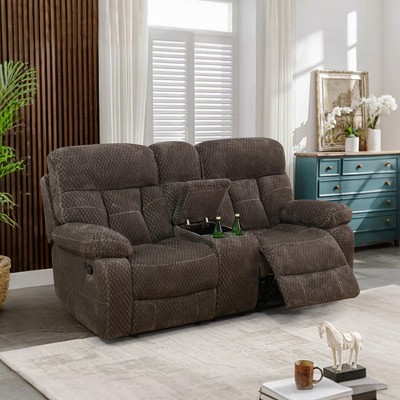 MAYEERTY Reclining Loveseat, 2-Seat Recliner Non-Pilling Breathable Fabric with Storage Groove & Cup Holders for Living Room, Brown
