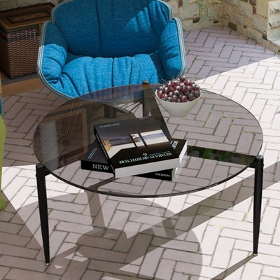 31.5In Round Tempered Glass Coffee Table Modern Side Table Decorative Center Table with Metal Legs for Living Room Office