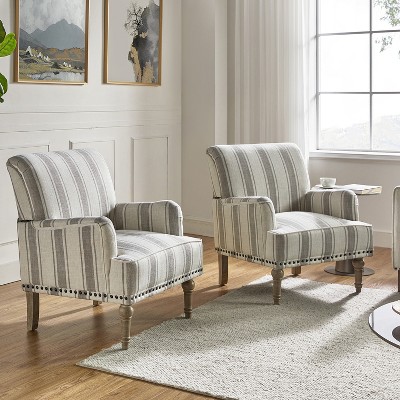 Set of 2 Venere Bedroom Wooden Upholstered Armchair with Nailhead Trim and Unique Stripe Design | ARTFUL LIVING DESIGN