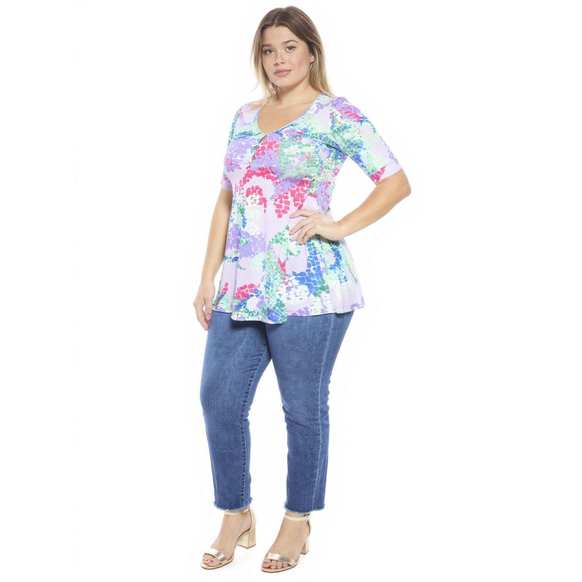 Plus Size Abstract V-Neck Elbow Sleeve Henley Tunic Top - 24seven Comfort Apparel™ - thumbnail 2