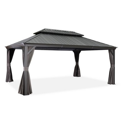 PURPLE LEAF Outdoor Gazebo Aluminum Frame Galvanized Steel Double Roof Patio Hardtop Gazebo with Curtains and Netting for Patio Lawn and Garden, Grey