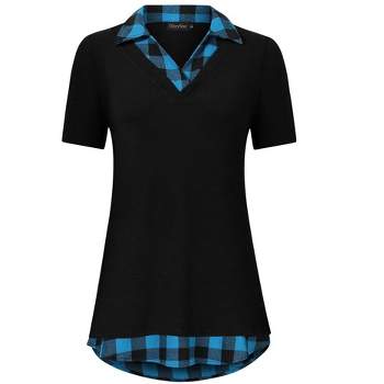 WhizMax Women's Short Sleeve Contrast Collared Shirts Patchwork Work Blouse Tunics Tops