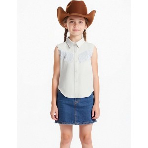 Girls Fringe Shirt Sleeveless Button Down Western Cowgirl Tassel Trim Casual Blouse Shirt Top 4-13Y - 1 of 4