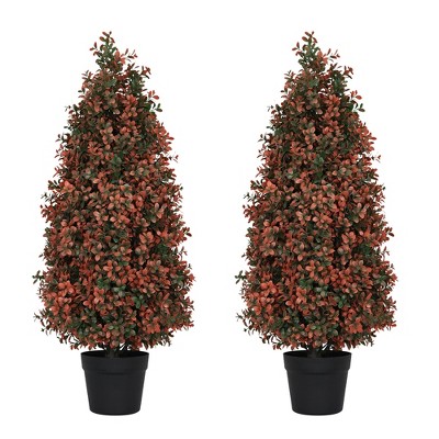 JUJABU 2pcs/Set 2.95FT Red Artificial Boxwood Topiary Trees – Outdoor Porch, Patio Decoration