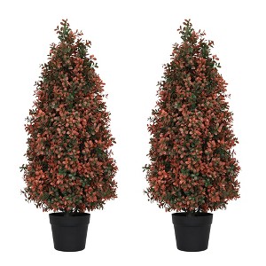 JUJABU 2pcs/Set 2.95FT Red Artificial Boxwood Topiary Trees – Outdoor Porch, Patio Decoration - 1 of 4