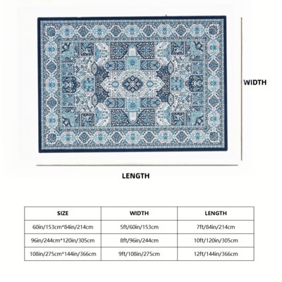 Blue Floral Chenille Washable Non-Slip 8' x 10' Area Rug