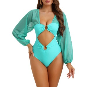 Elerevyo Women's Cut Out Ring Plunge Neck Shirred Long Sleeves Mesh Tummy Control Monokini Swimsuit 1 Pc - 1 of 4
