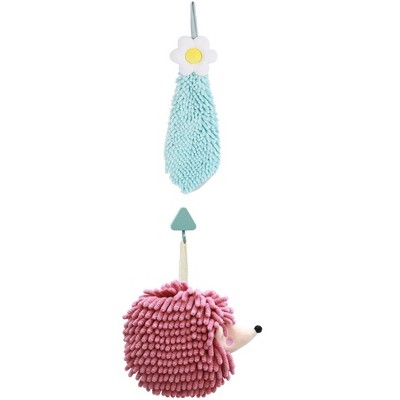 REGALWOVEN 2 Packs Chenille Hand Towel Flower and Cute Cartoon Hanging Hand Towel for Bathroom 6" x 15"/7" x 7"