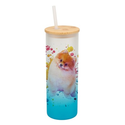 100 North 25 Ounce Frosted Glass Gradient Travel Tumbler With Straw & Wooden Lid, Pomeranian Dog Paint Splatter Sky Blue