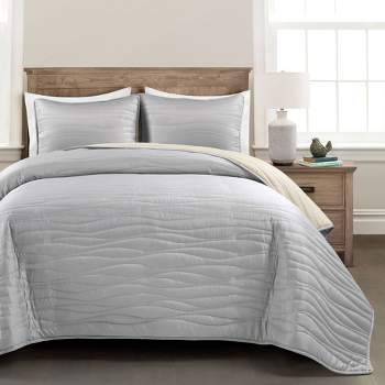 3pc Soft Wave Silver Infused Antimicrobial Reversible Quilt Gray/Neutral- Lush Décor