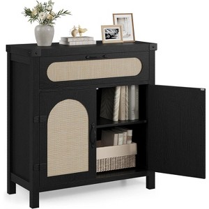 Rattan Sideboard Buffet Cabinets with Storage, Farmhouse Kitchen Accent Storage Cabinet with Drawer, Boho Wooden Coffee Bar Cabinet, - 1 of 4