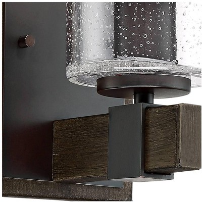 Bronze and Wood Grain Industrial Wall Sconce with Seedy Glass Shade