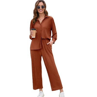 Women Two Piece Casual Outfits Y2K Loungewear Pleated Wide Leg Pants Long Sleeve Button Down Shirt Streetwear Set