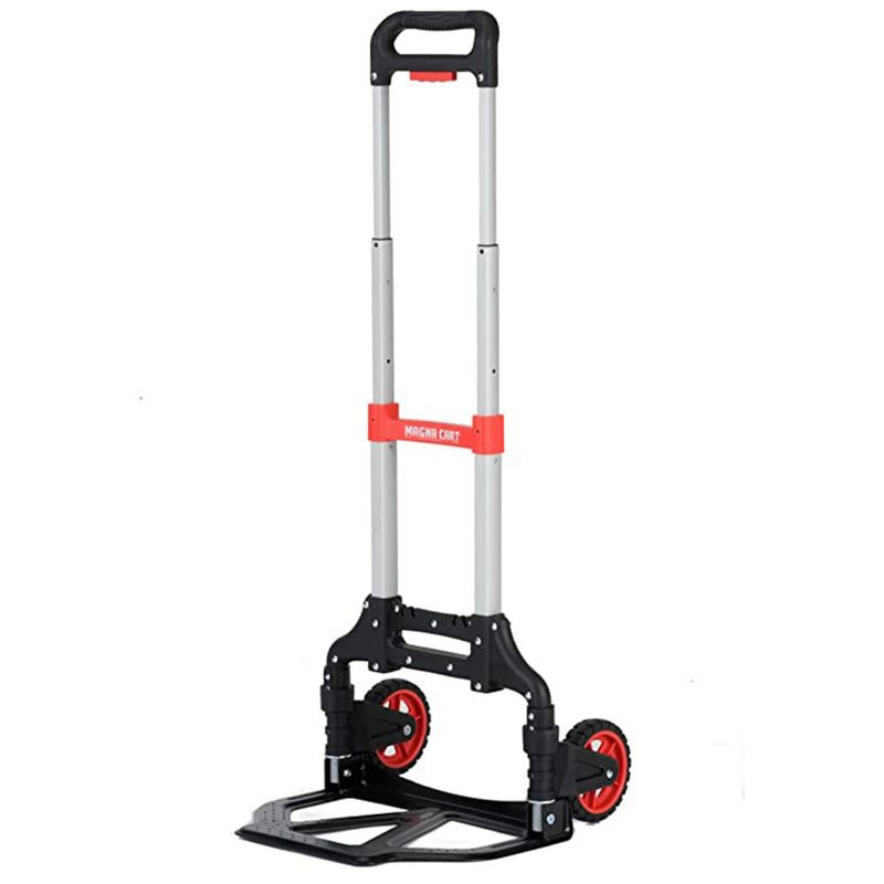 Magna Cart Slim Aluminum Folding Hand Truck Dolly Cart with 150 Pound Capacity, Extendable Ergonomic Handle, & Retractable Rubber Wheels, Black/Red, 1 of 7