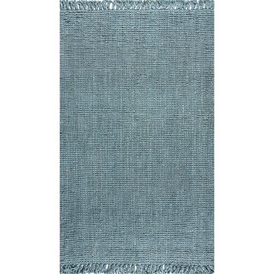 Handwoven Light Blue/Gray Chunky Jute Rug with Fringe - 5x8 Feet