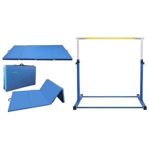 BalanceFrom Fitness 120 x 48 Inch All Purpose Folding Gymnastics Exercise Mat and Adjustable Folding Steel Gymnastics Bar for Ages 3 & Up Set, Blue - 1 of 4