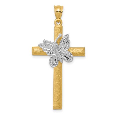 Black Bow Jewelry 14k Two Tone Gold Butterfly Cross Pendant, 22 x 43mm