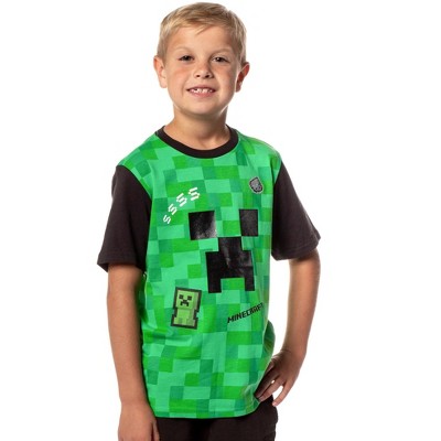 Seven Times Six Minecraft Boys' Creeper Pixel Squares Face Graphic Ringer T-Shirt Green
