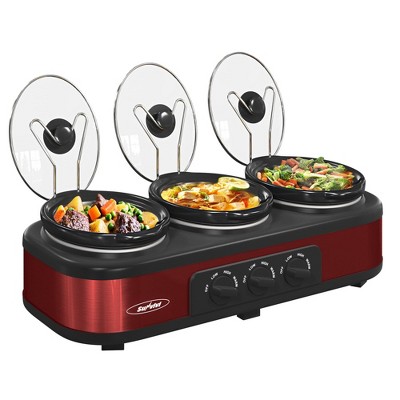 Heynemo Triple Slow Cooker with three 1.5-Quart Ceramic Pots, Buffet Servers and Warmers with Glass Lids and 3 Spoons, Stainless Steel
