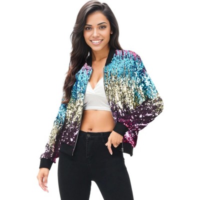 Anna-kaci Sequin Bright Zig Zag Ombre Sparkle Bomber Zip-up Jacket ...