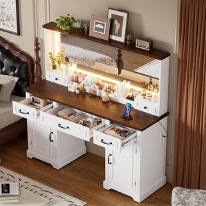 PAKASEPT 55" Farmhouse Vanity Desk with Large 49" Mirror and LED Lights, Dressing Table with 5 Drawers and Power Outlet, 3 Lighting Modes Makeup Table - 1 of 4