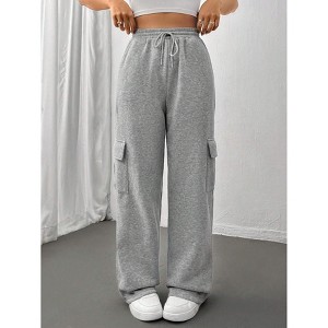 Womens Pants Elastic Waist Drawstring Side Pocket Straight Leg Cargo Sweatpants Gray M - 1 of 3