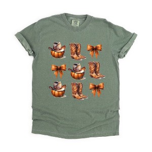 Simply Sage Market Women's Coquette Pumpkin and Cowboy Boots Short Sleeve Garment Dyed Tee - 1 of 4