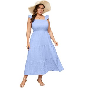 Coolmee Women's Summer Flying Sleeves Maxi Dress Square Neck Smocked Tiered Ruffle A Line Long Flowy Beach Dresses - 1 of 4