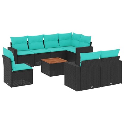 vidaXL 9 Piece Patio Sofa Set with Cushions Poly Rattan - Black Table + 3x Middle + 1x Corner