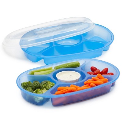 Okuna Outpost 2 Pack Divided Serving Platter Tray with Lid for Appetizer Fruit Veggie Food, 5 Compartments Plastic, Light Blue