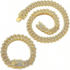 2 Piece Cuban Link Chain Men's Iced Out Miami Necklace Bracelet Silver Bling Hip Hop Jewelry for Men Women - 1 of 4