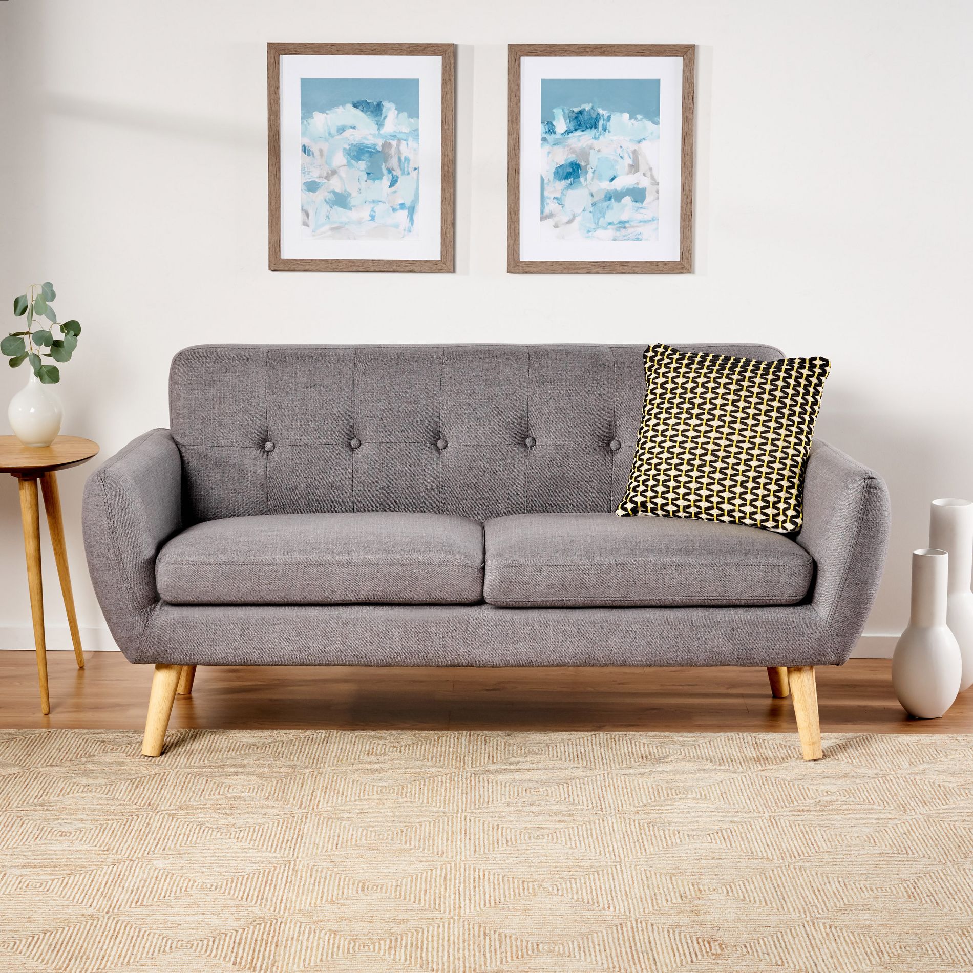GDFStudio Sheena Mid Century Modern 67.25 " Upholstered Tufted 2 Seater Sofa, Dark Gray/Natural Oak