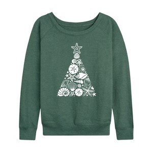 Women's - Instant Message - Sea Shell Christmas Tree Lightweight French Terry Wide Neck Long Sleeve Shirt - 1 of 4
