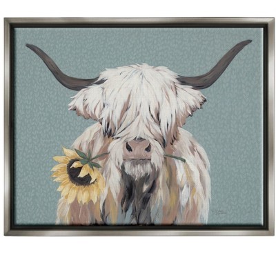 Stupell Industries Highland Cattle Biting Sunflower Bloom Framed Floater Canvas Wall Art