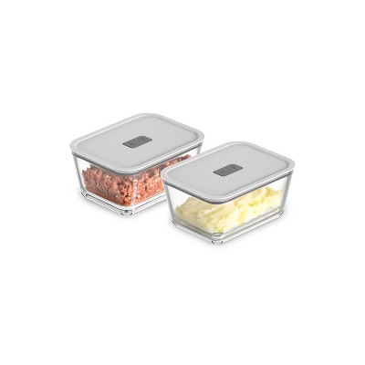 OU Glass Food Storage Container Set 4pc (set of 2) Microwave, Freezer & Dishwasher Safe, Airtight Leak Proof Lid with Microwave Valve, Stackable