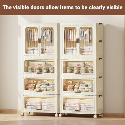 4-Tier Kids Wardrobe Closet w/Doors, Wheels & Hanging Rod - Portable Baby Clothes Organizer w/10 Hangers
