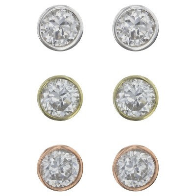Cubic Zirconia Bezel Studs Sterling Earring Set 3pc - A New Day™ Silver/Rose Gold