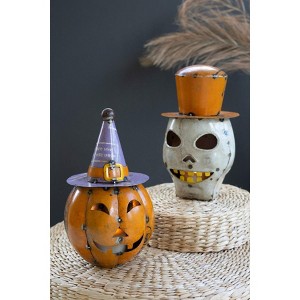 Kalalou Pumpkin and Skull Halloween Lantern, Set of 2 – Recycled Iron with Removable Hats - 1 of 3