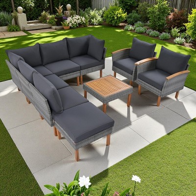 9-Pieces Outdoor PE Rattan Sectional Sofa Set with Acacia Wood Legs and Coffee Table