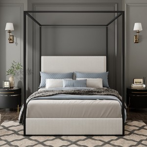 Queen/King Size Canopy Bed Metal 4-Poster Bed Frame with Tall Corduroy Upholstered Headboard, Beige+Gold/Black+White-ModernLuxe - 1 of 4