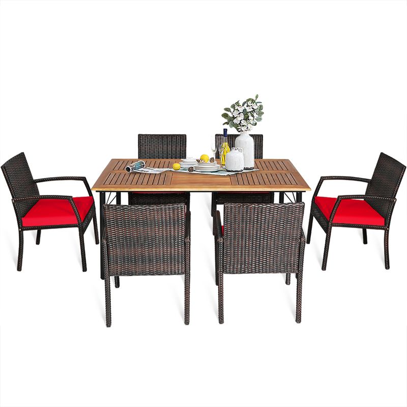 Tangkula 7- Piece Patio Dining Furniture Set Acacia Wood and Wicker Dining Table Armchairs Navy/Red/White/Turquoise, 1 of 8