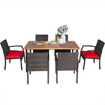 Tangkula 7- Piece Patio Dining Furniture Set Acacia Wood and Wicker Dining Table Armchairs Navy/Red/White/Turquoise