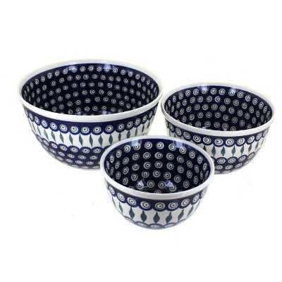 Blue Rose Polish Pottery Peacock Mixing Bowl Set